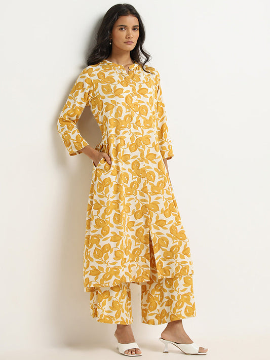 Utsa Yellow Floral Printed Mid-Rise Palazzos