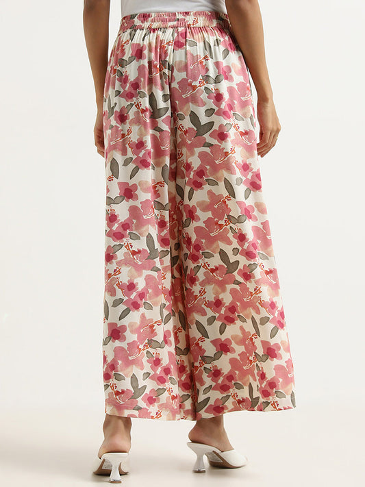 Utsa Pink Floral Patterned Mid-Rise Palazzos