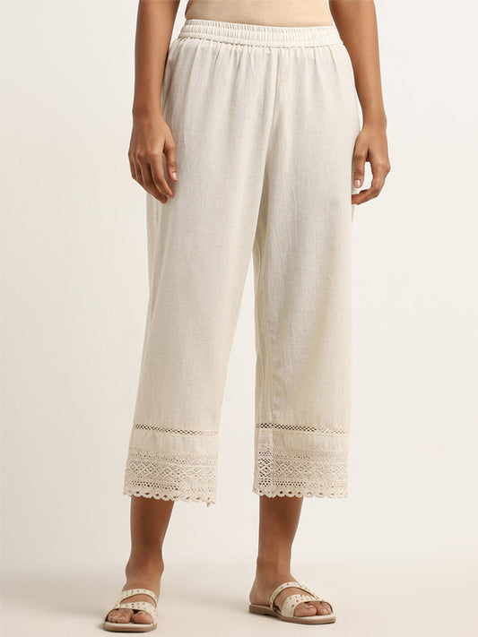 Utsa Beige Crochet-Detailed Mid-Rise Cotton Blend Palazzos