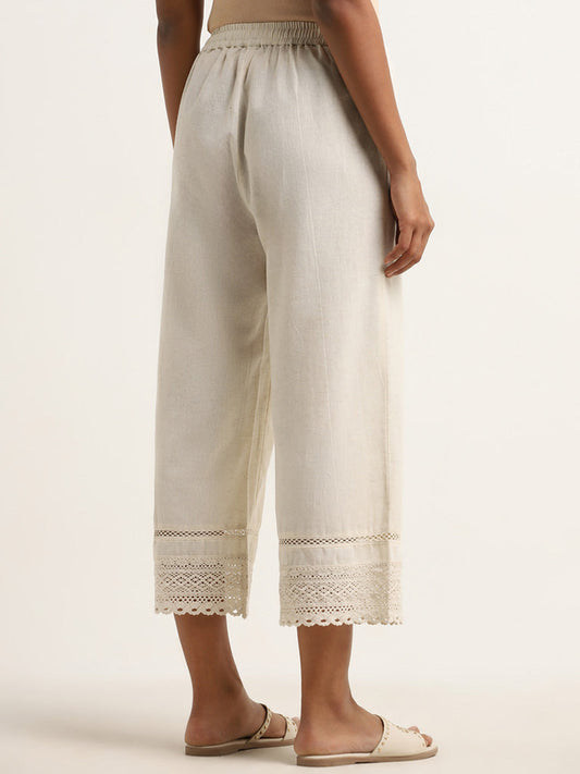 Utsa Beige Crochet-Detailed Mid-Rise Cotton Blend Palazzos