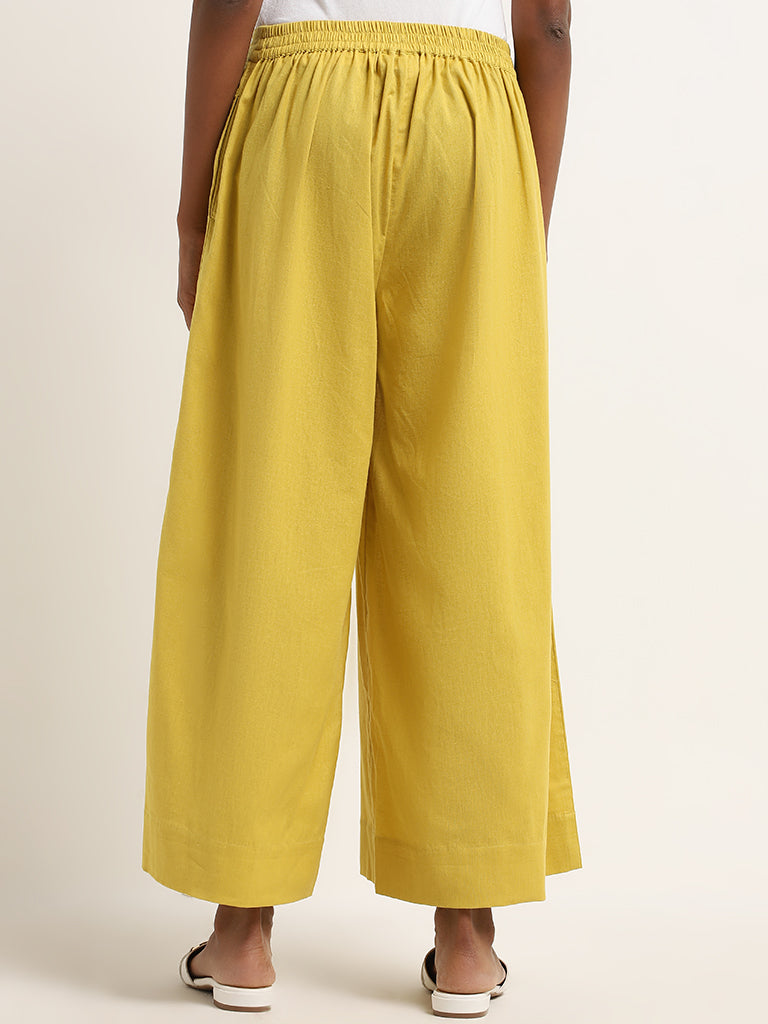 Utsa Yellow Flared High-Rise Cotton Blend Palazzos