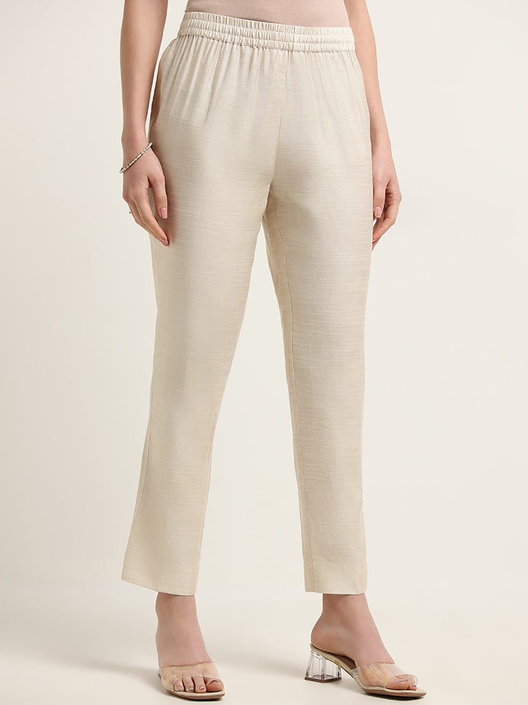 Zuba Beige Mid Rise Straight Fit Pants