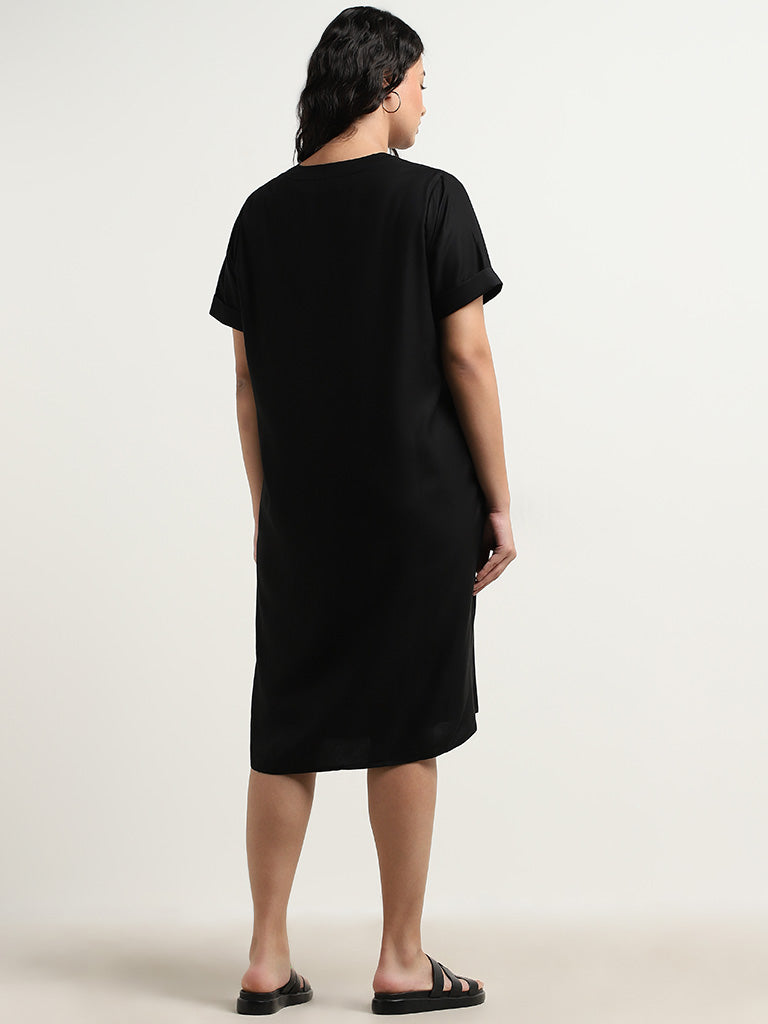 Gia Black Leaf Embroidered High-Low Cotton Dress