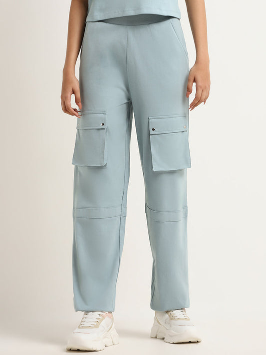 Studiofit Blue Cotton Cargo-Style Track Pants