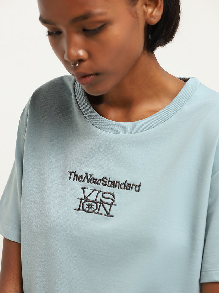 Studiofit Blue Contrast Embroidered Cotton T-Shirt