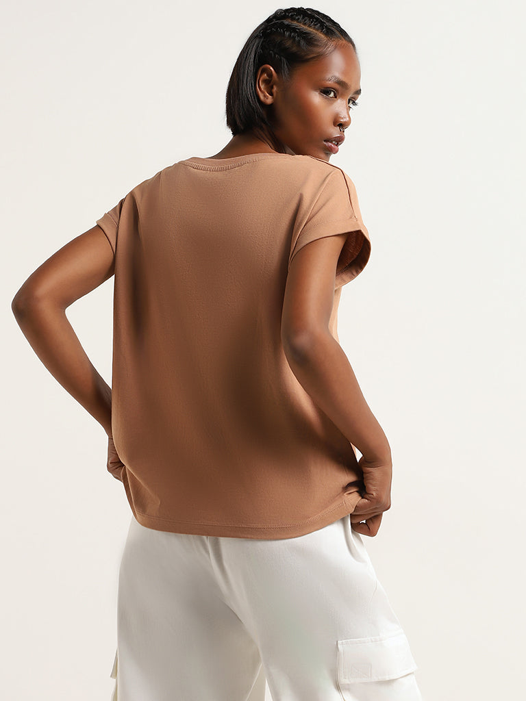 Studiofit Brown Contrast Printed Cotton T-Shirt