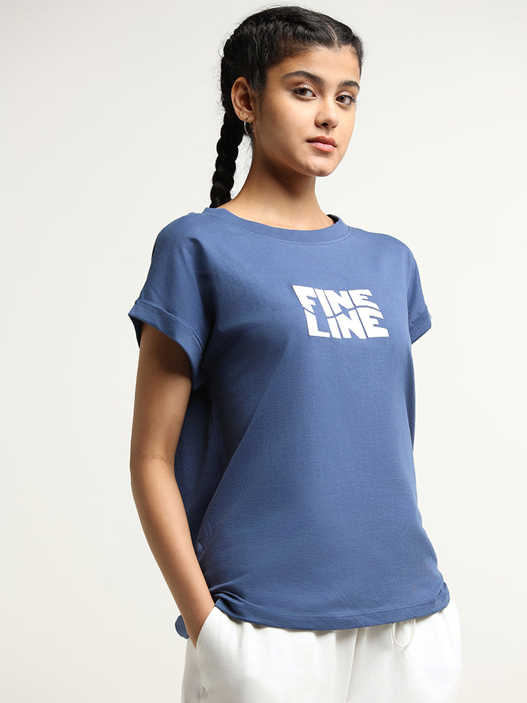 Studiofit Blue Graphic Print Cotton T-Shirt