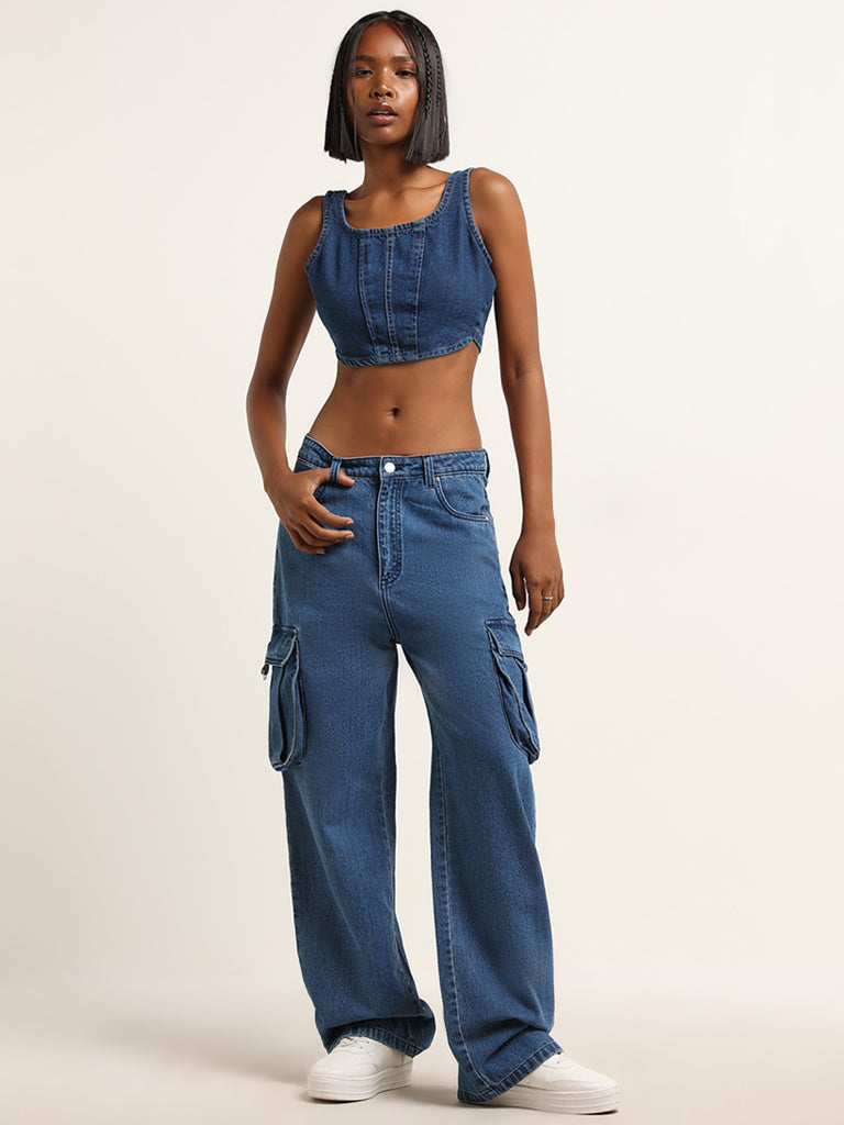 Nuon Dark Blue Cotton Corset Crop Top