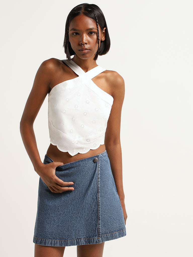 Nuon White Cotton Schiffli Crop Top