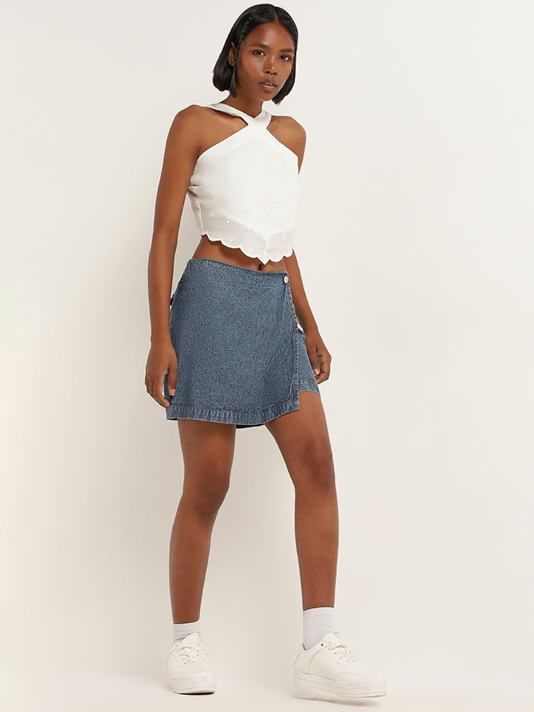 Nuon White Cotton Schiffli Crop Top