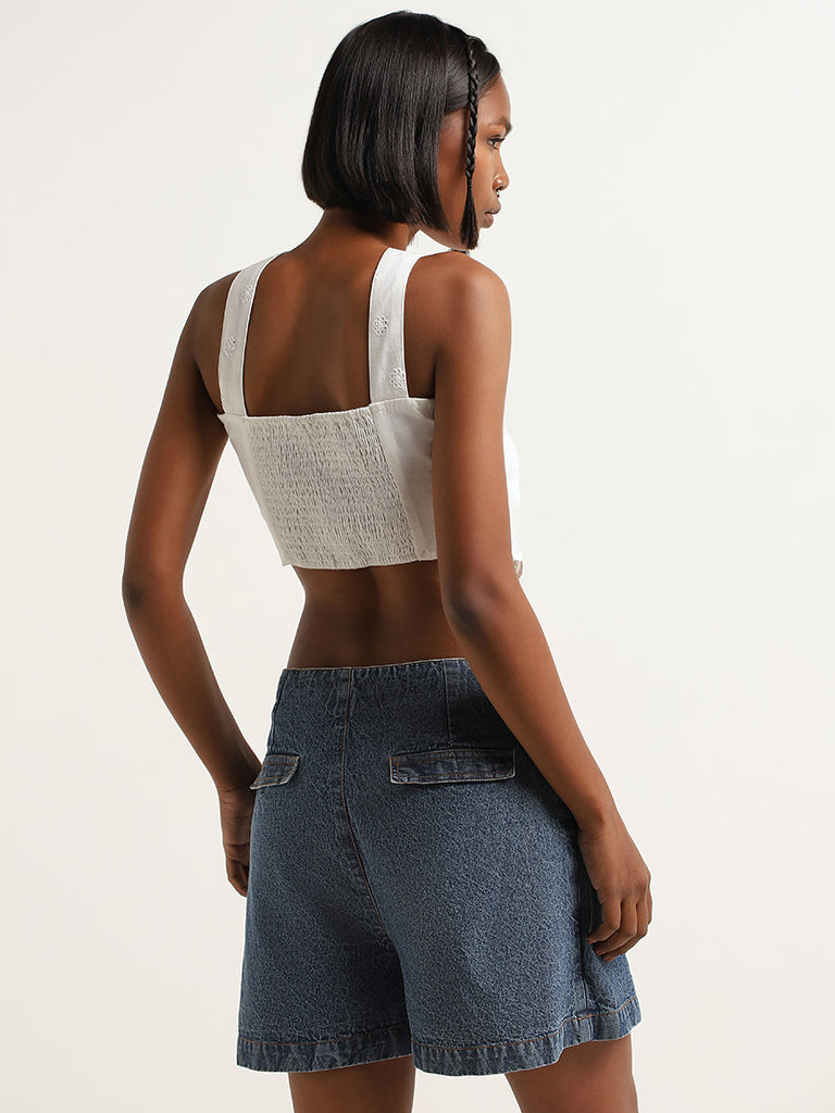 Nuon White Cotton Schiffli Crop Top