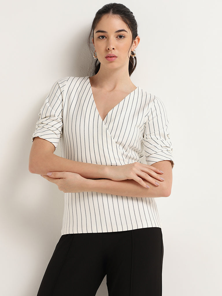 Wardrobe White Wrap Striped Top