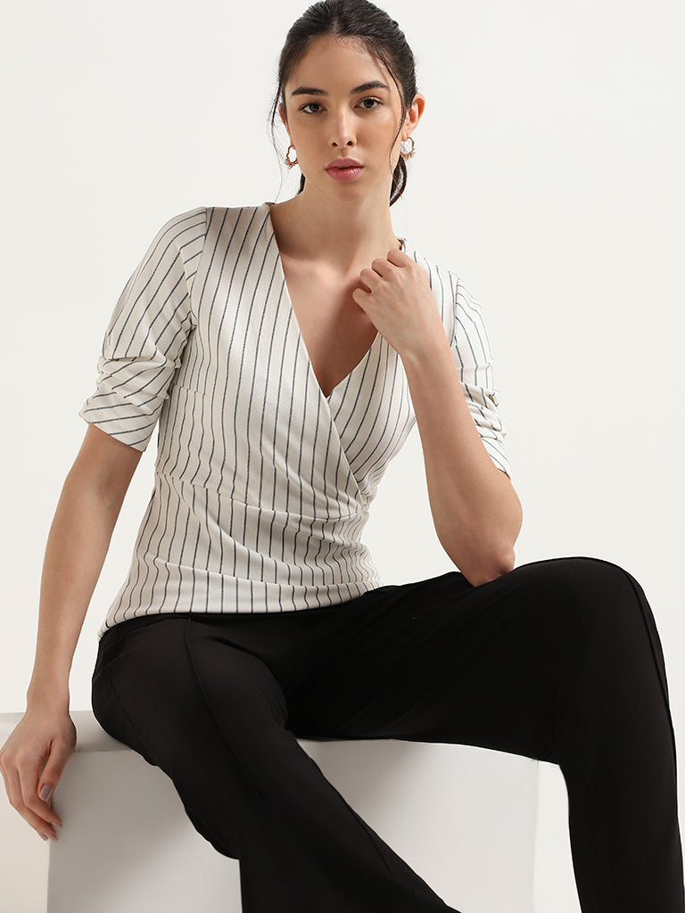 Wardrobe White Wrap Striped Top