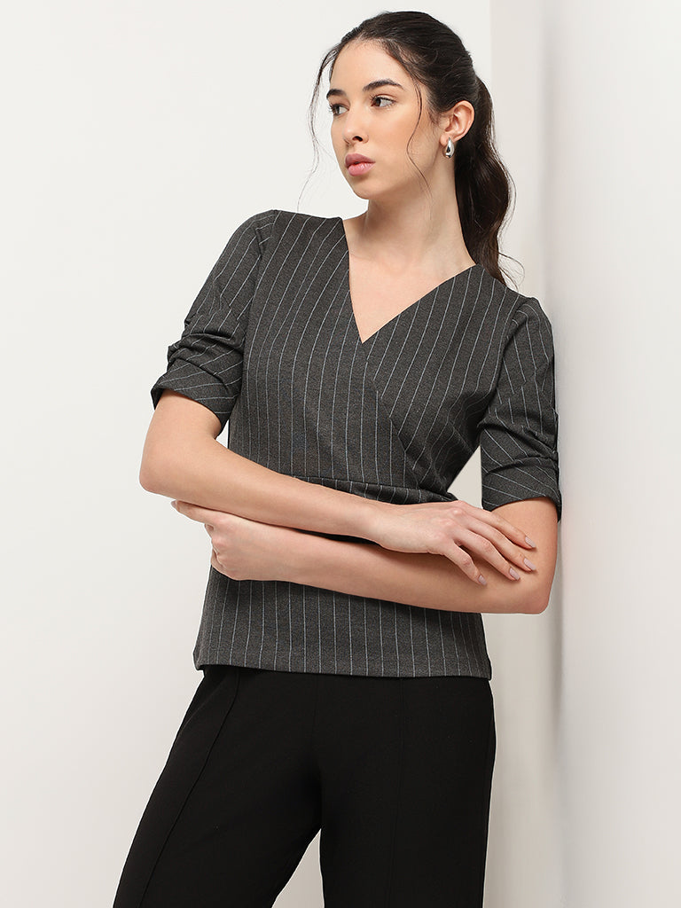 Wardrobe Grey Wrap Striped Top