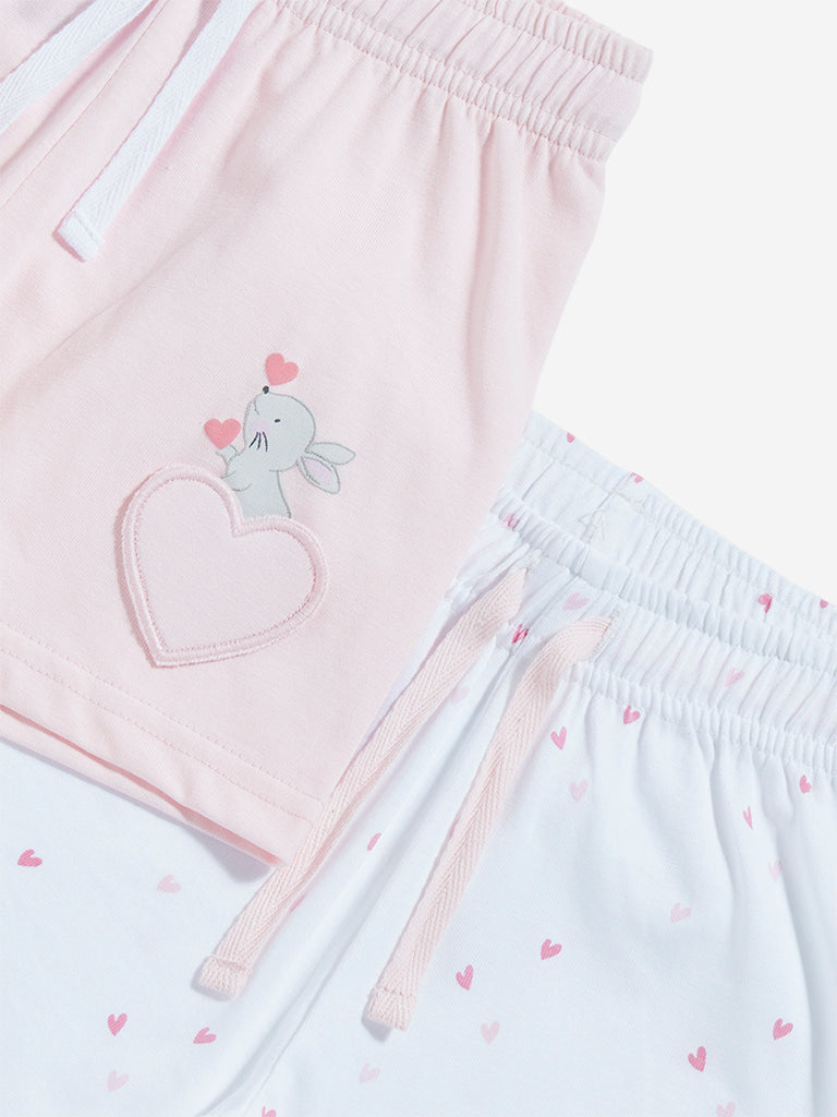 HOP Baby White & Light Pink Mid Rise Shorts - Pack of 2