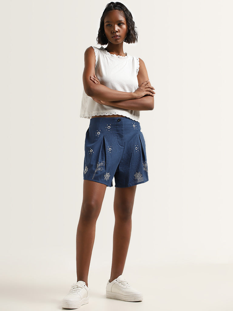 Bombay Paisley Blue Blended Linen High-Rise Shorts