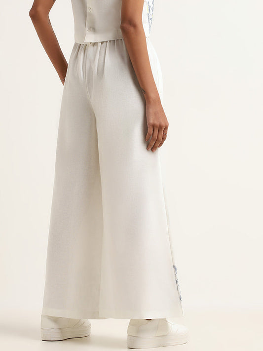 Bombay Paisley White Printed Blended Linen Mid Rise Pants