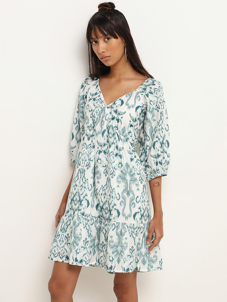 Bombay Paisley Teal Ikkat Printed Cotton Tiered Dress