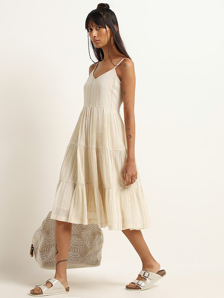 Bombay Paisley Off-White Striped Cotton Tiered Dress