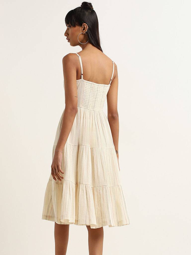 Bombay Paisley Off-White Striped Cotton Tiered Dress