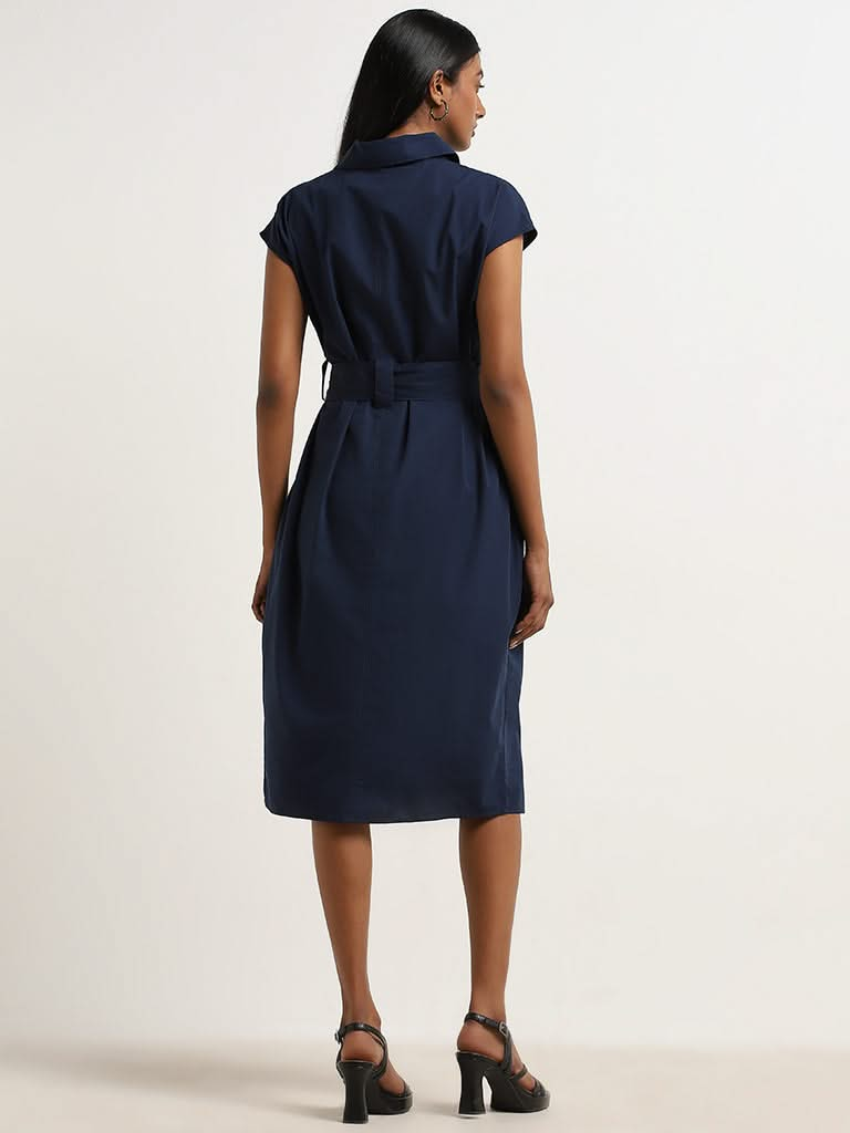 Wardrobe Navy Solid Cotton Shirt Dress with Belt