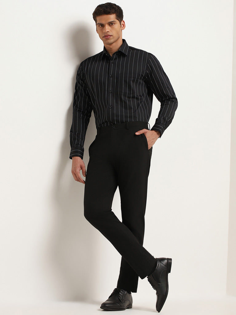 WES Formals Black Relaxed Fit Striped Cotton Shirt