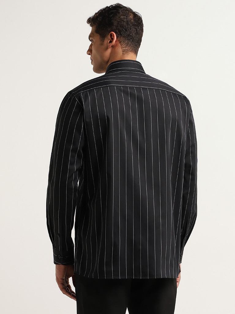 WES Formals Black Relaxed Fit Striped Cotton Shirt