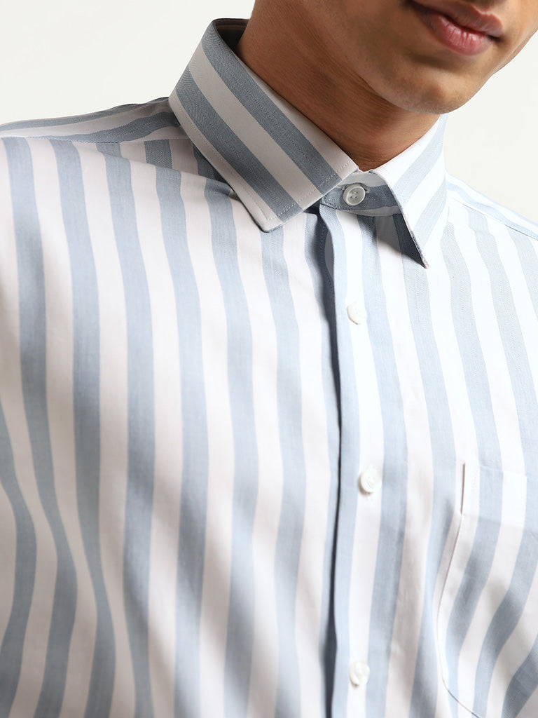 WES Formals Blue Relaxed Fit Striped Cotton Shirt