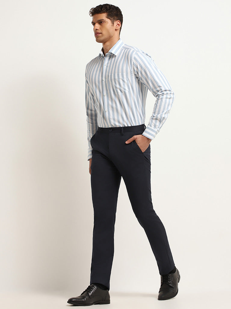 WES Formals Blue Relaxed Fit Striped Cotton Shirt