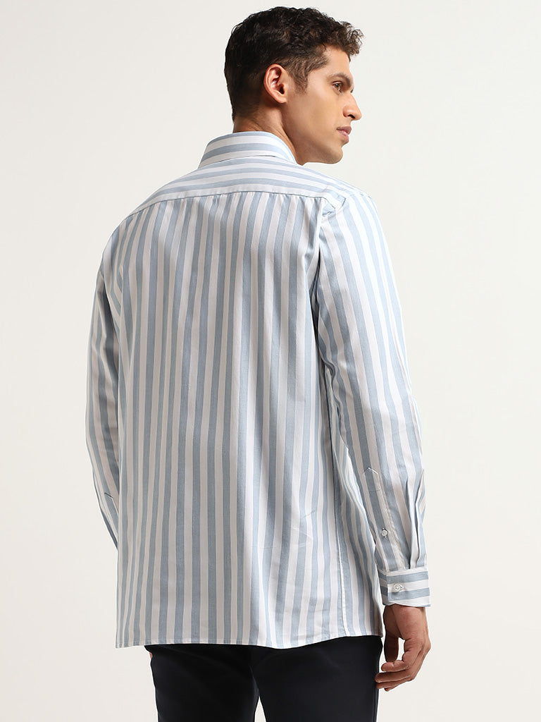 WES Formals Blue Relaxed Fit Striped Cotton Shirt