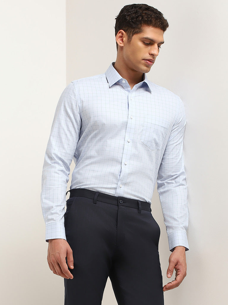 WES Formals Blue Slim Fit Checkered Cotton Shirt