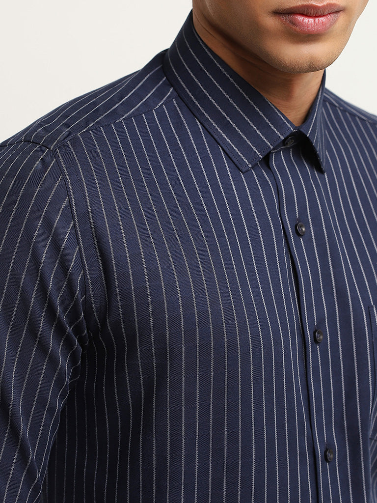 WES Formals Navy Slim Fit Striped Cotton Shirt