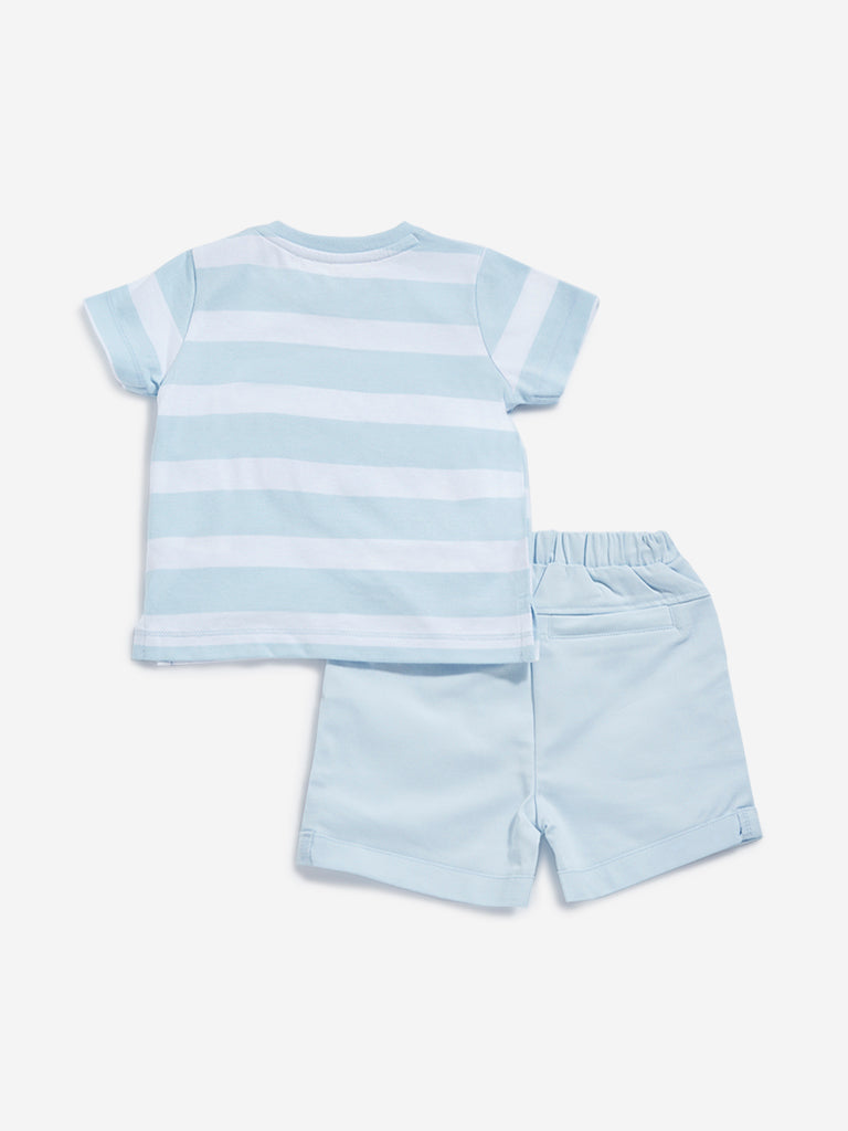 HOP Baby Blue Striped T-Shirt with Shorts Set