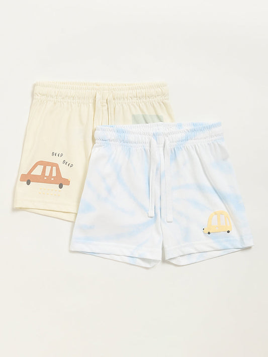 HOP Baby Beige & Blue Tie-Dye Printed Shorts- Pack of 2