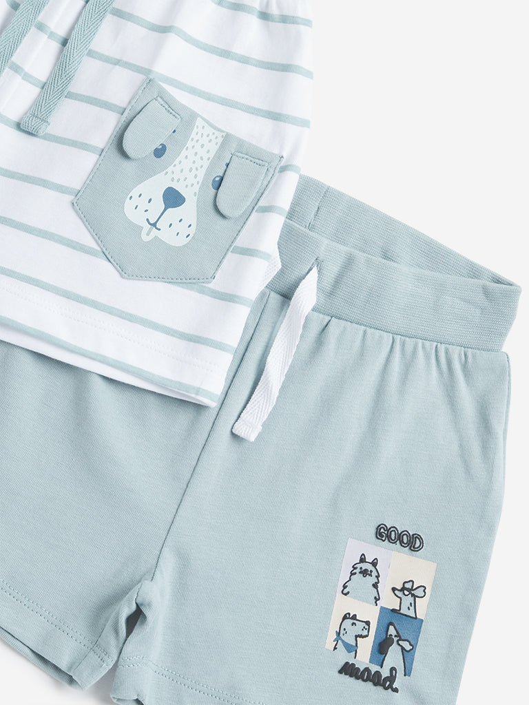 HOP Baby Teal & White Striped & Printed Mid Rise Shorts - Pack of 2