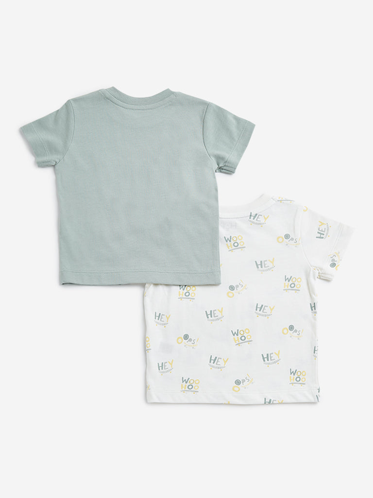 HOP Baby Teal & White Embossed Printed Design T-Shirts - Pack of 2