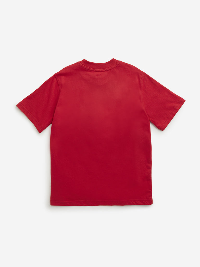 HOP Kids Red Embossed Text Printed T-Shirt