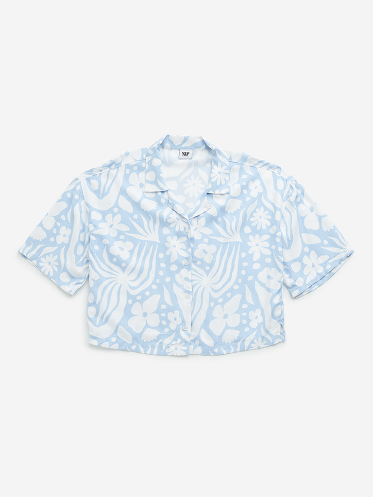 Y&F Kids Blue Floral Print Cotton Cropped Shirt