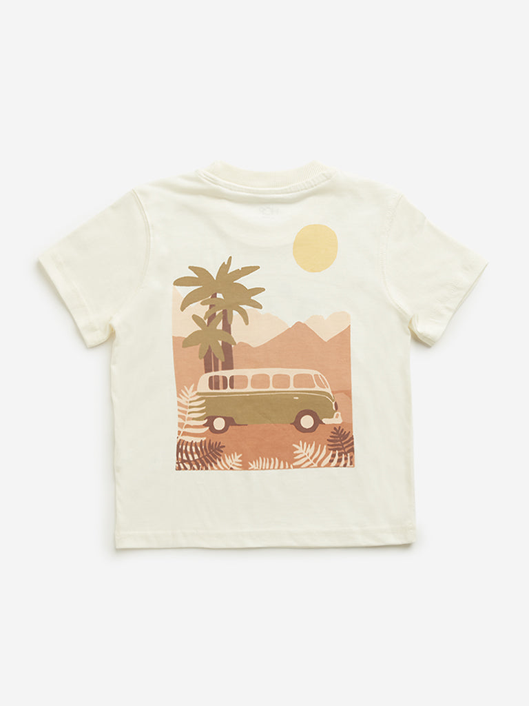 HOP Kids Beige Graphic Printed T-Shirt