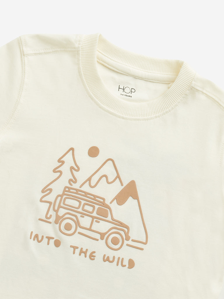 HOP Kids Beige Graphic Printed T-Shirt