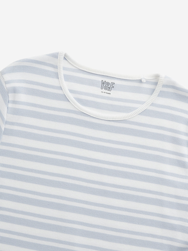 Y&F Kids Blue Stripe Printed T-Shirt