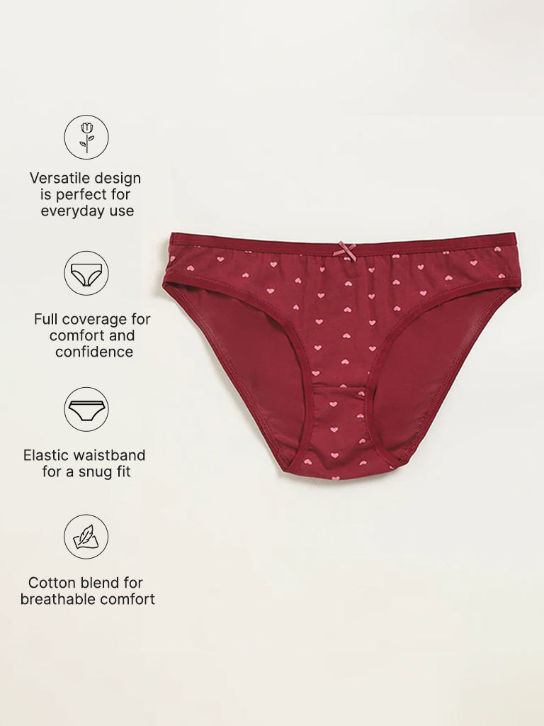 Wunderlove Maroon Printed Cotton Blend Bikini Briefs - Pack of 3