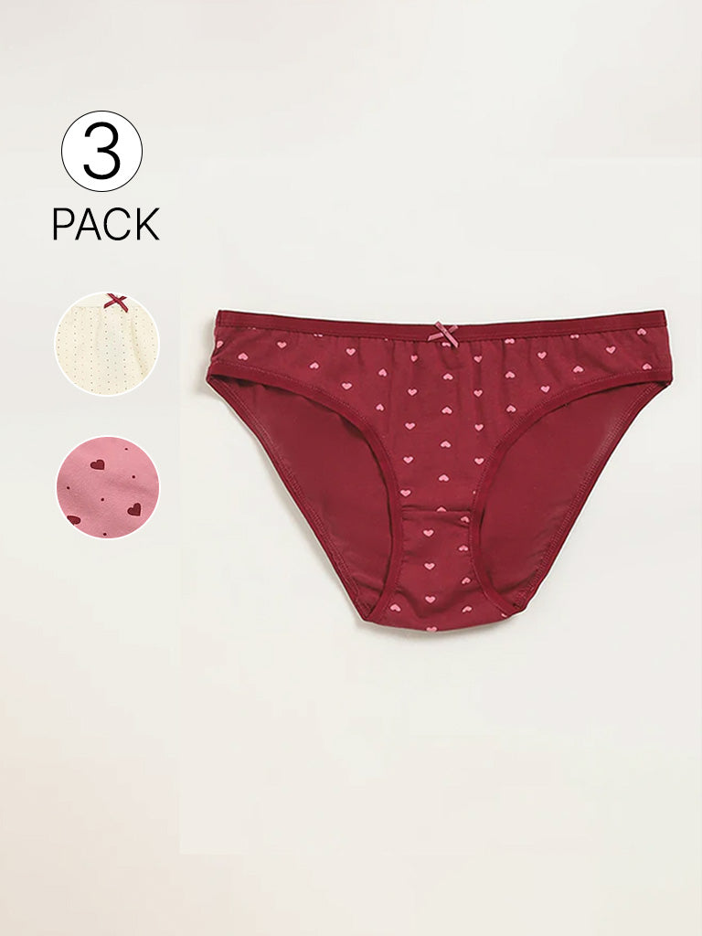 Wunderlove Maroon Printed Cotton Blend Bikini Briefs - Pack of 3