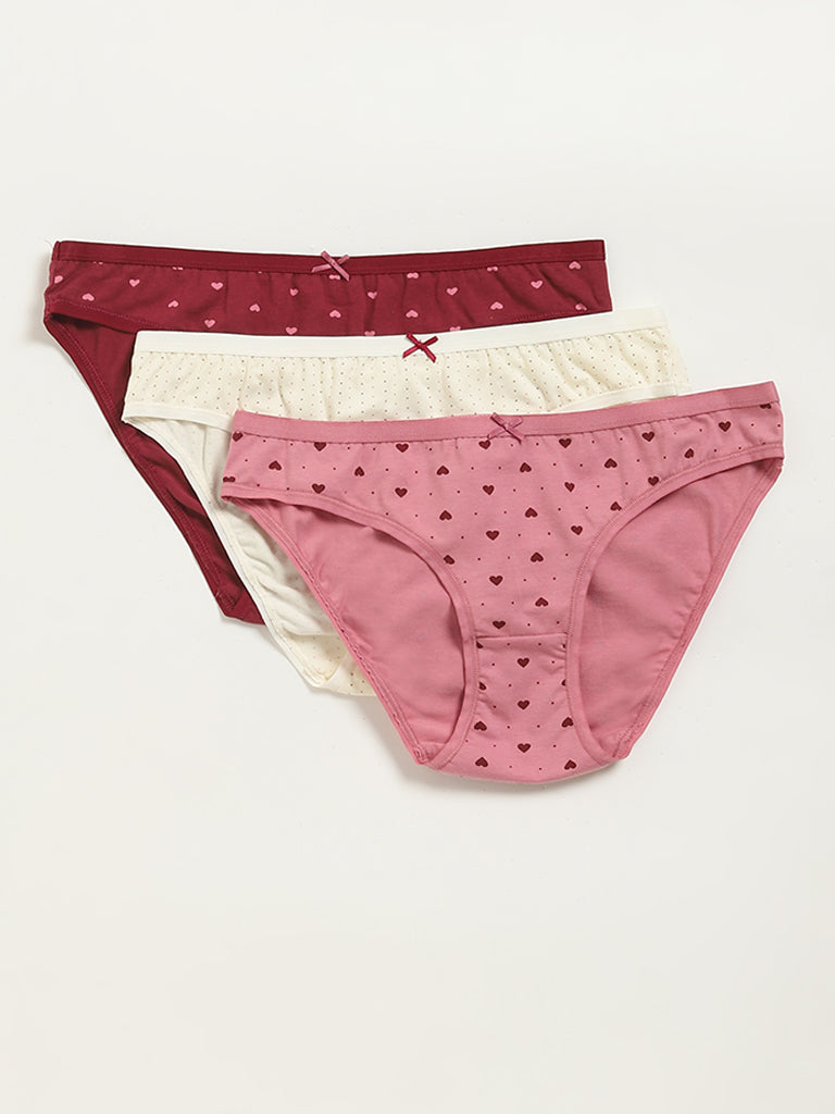 Wunderlove Maroon Printed Cotton Blend Bikini Briefs - Pack of 3