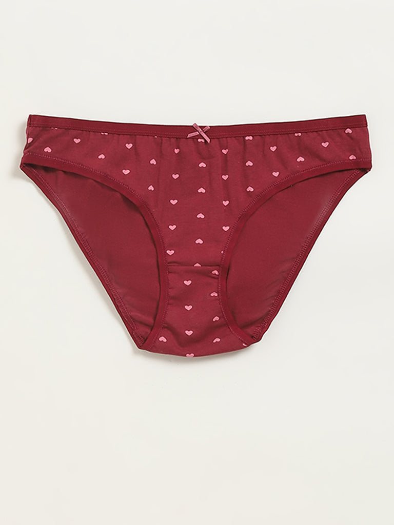 Wunderlove Maroon Printed Cotton Blend Bikini Briefs - Pack of 3