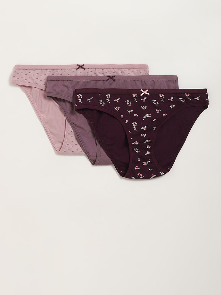 Wunderlove Light Mauve Floral Cotton Blend Bikini Briefs - Pack of 3