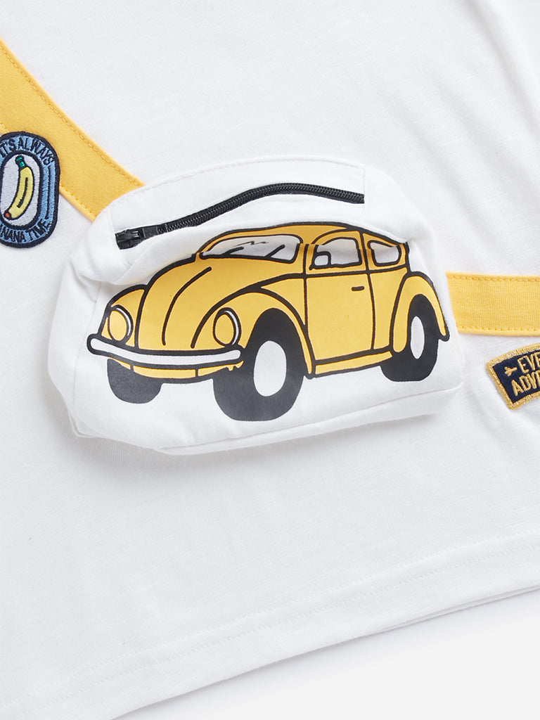 HOP Kids White Car Printed T-Shirt