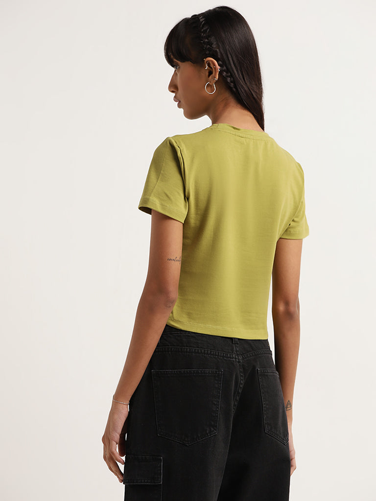 Nuon Solid Green Cotton Blend Crop T-Shirt