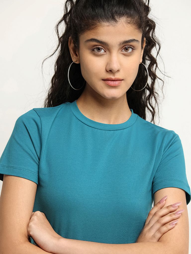 Nuon Teal Solid Cotton Crop T-Shirt