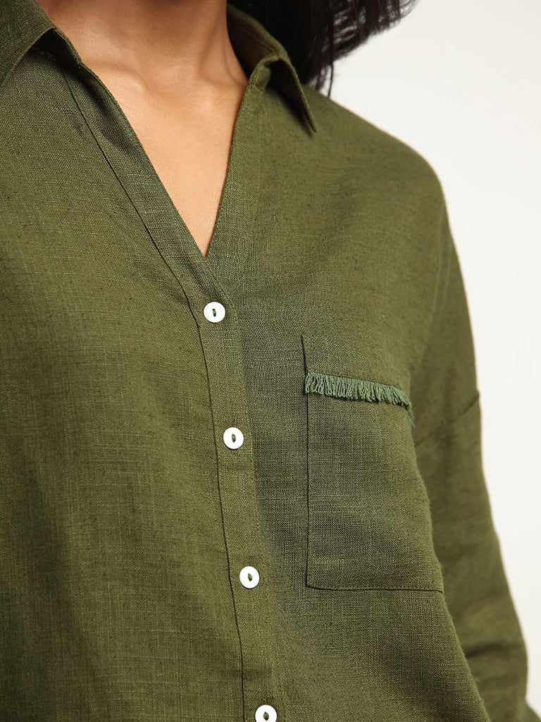 LOV Green Blended Linen Shirt